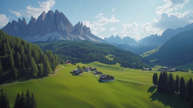 Village in dolomites. Realistic journey video of valleys and meadows. A mountain range in south of europe is the wolfenstein tyrol and the selva dolomites. The hamlet in lifestyle the dolomite.
