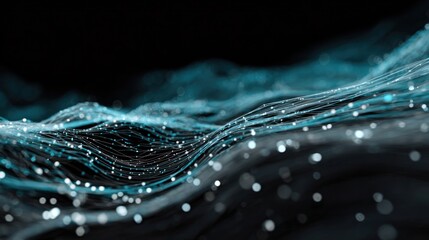 Abstract Teal Digital Waveforms: A mesmerizing digital art piece showcasing flowing, interconnected lines and particles, evoking a sense of serenity and technological advancement.