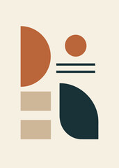 Modern and minimalist abstract art in Scandinavian style. Blue, beige, terracotta. Geometric, circle, rectangles, composition