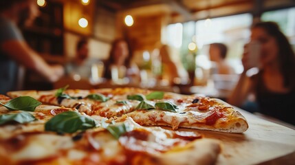 Pizza on a wooden table with people in the background. A realistic video of individuals making pizza. Wooden board with a depth of flavorful depth. A wooden table with pizza and lifestyle individuals.