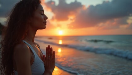 Black woman meditates with deep breathing on beach at sunset. She seeks fresh air and spiritual connection near ocean waves, embracing holistic mindset, zen, and faith.