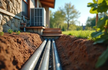 Ground source heat pump installation with pipes, outdoor unit for sustainable home energy. Features efficient, eco-friendly geothermal technology for heating, cooling. Modern residential building