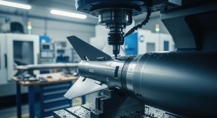 Precision machining of missile fins and aerodynamic parts using CNC equipment in a ballistic missile assembly workshop.