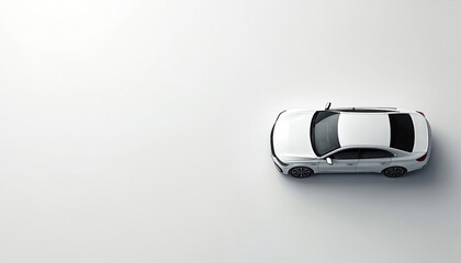 Aerial top-down view of sleek, modern white car positioned on clean, minimalist white background. Design embodies contemporary automotive technology, luxurious simplicity, perfect for representing