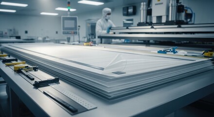 Fabric layers prepped and aligned on a flat table ready for thermal bonding in the heatsealing bay for rigid airship skins.