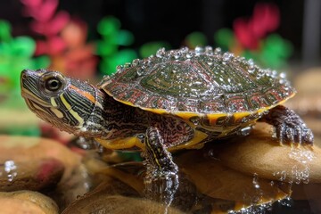 Close-up of a stunning red-eared slider turtle covered in shimmering water drops.