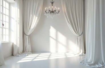 Elegant room interior featuring large window with white drapes, sparkling chandelier, and soft light casting shadows. This sophisticated space is perfect for weddings, events, or luxurious home decor.