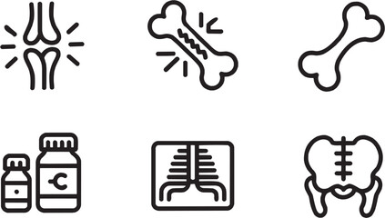 Bone and X-ray medical icon set. Vector glyph pictograms of skeleton anatomy, human fracture, healthcare radiology, hospital injury, orthopedic scan, biology physiology, diagnostic science black silho