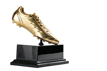 A prestigious golden football boot trophy, the ultimate award for the top soccer goalscorer, mounted on a sleek black base and isolated against a clean white background.