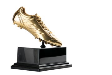 A prestigious golden football boot trophy, the ultimate award for the top soccer goalscorer, mounted on a sleek black base and isolated against a clean white background.