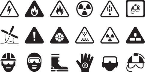 Biohazard and high voltage warning icon set. Vector glyph pictograms of toxic hazard, radioactive symbol, chemical danger, electric shock, workplace safety, industrial risk, emergency caution, protect