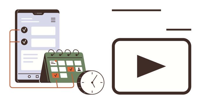 Smartphone screen displays tasks, green calendar with checkmarks, clock, video play screen. Ideal for productivity, time management, scheduling, tutorials, education digital planning focus