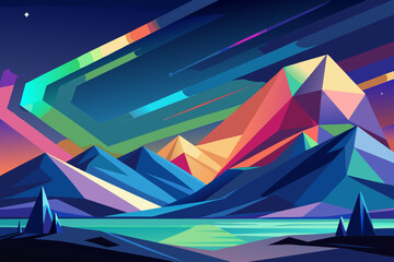 Vibrant Geometric Mountain Landscape with Colorful Aurora Borealis
