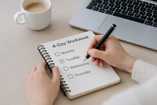 Person planning a 4 day workweek by writing on a notebook with a cup of coffee and laptop on a desk. concept of time management, productivity boost, and strategic scheduling.