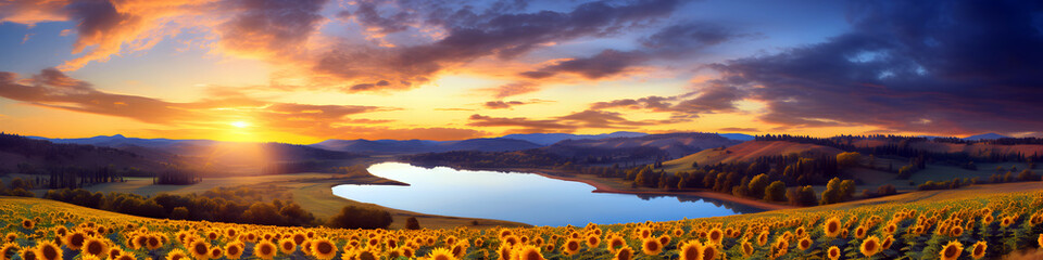 Vibrant sunflower field at sunset under a dramatic sky in a rural landscape