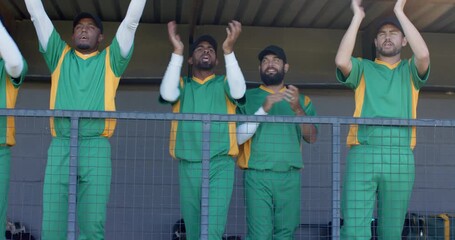 Reacting to raised arms and shout, diverse male baseball teammates cheering on railing in dugout