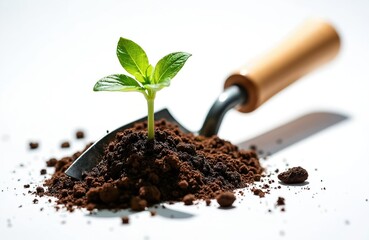Garden trowel with young plant sprout in rich soil on clean white background. Small green seedling emerges from dark earth. This hand tool symbolizes growth, gardening, new beginnings, horticulture.