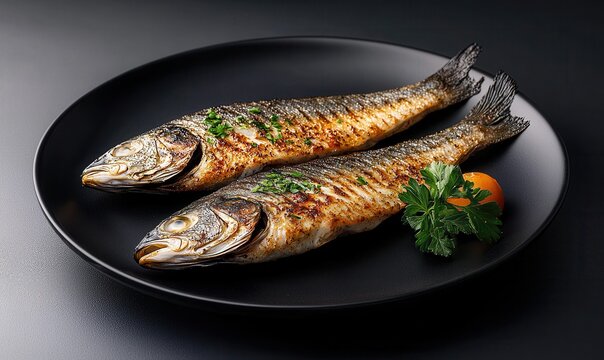 Adriatic Grilled Brancin on a Matte Black Plate, Bathed in Olive Oil and Herbs