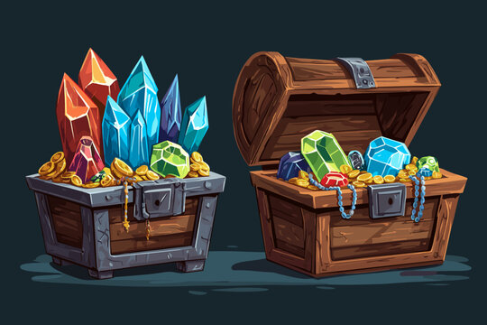 Vector Treasure Chests Filled with Colorful Gems and Gold Coins