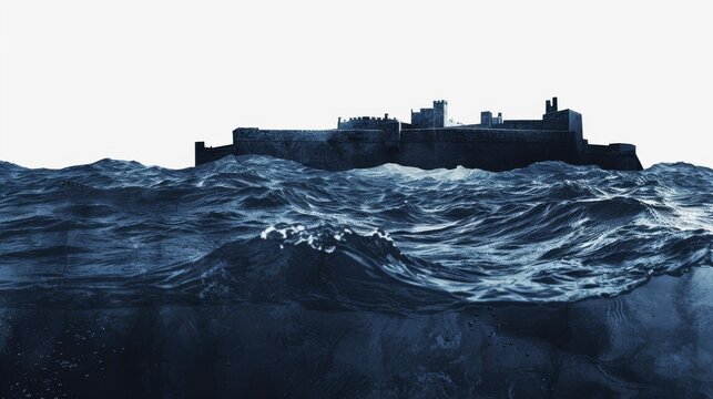  Fort de Salses silhouette against navy blue waves, iconic French skyline in dramatic contrast