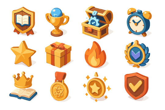 Unlock vector completion icon reward learning milestone gamified score badge advancement icons