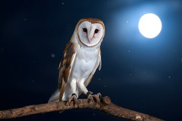 Barn owl perched on a branch under a full moon bird