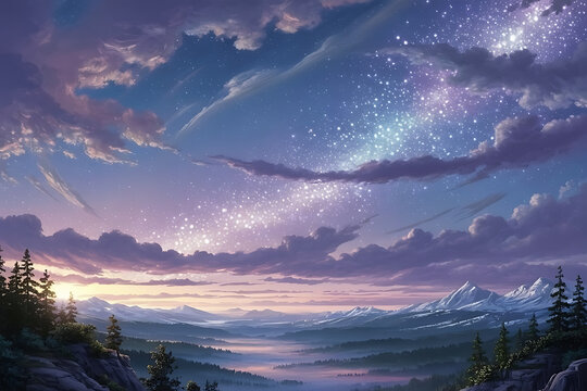 A dreamy landscape painting featuring mountains, clouds and a starlit sky with a purple and blue hue