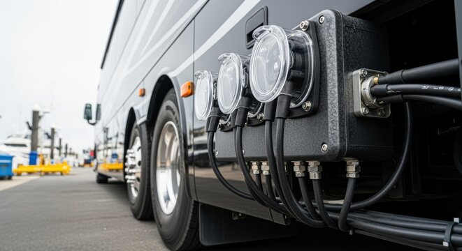 Tourbus shore power distro installation with heavyduty terminals and protective covers demonstrating rugged design for outdoor use.