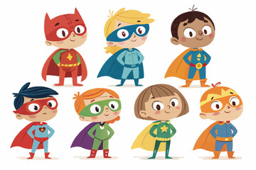 Illustration of eight diverse children dressed as superheroes with capes and masks in various colors