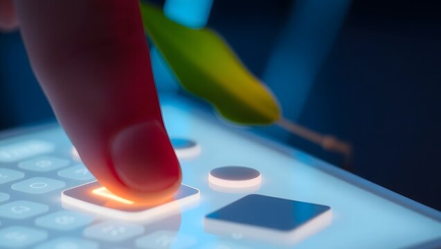 Finger pressing a glowing button on a futuristic touchscreen interface