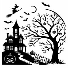Spooky halloween scene with a haunted house witch bats pumpkins and a bare tree under a crescent moon