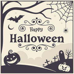 Obraz premium Happy halloween vintage style illustration with pumpkin bat spider web and graveyard