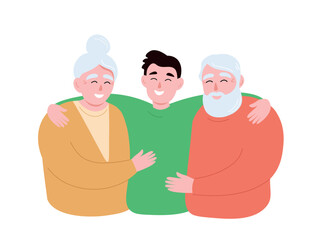 
Son with elderly parents. Grandparents in a happy family. Caring for the older generation. Vector flat graphics.