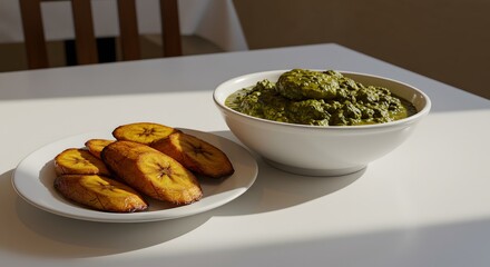 A white table featuring a bowl of green stew and a plate of fried plantains in natural sunlight