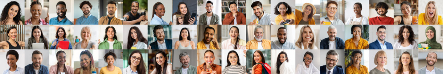A vibrant collage features diverse individuals expressing joy and happiness. Each person showcases a unique background, celebrating diversity in a lively, engaging atmosphere.