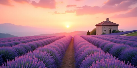 Sunset Over Lavender Fields with a Distant Countryside House