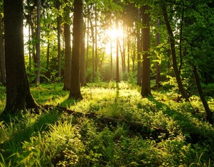 Obraz premium Sunlit Forest with Green Trees, and Nature. (1)