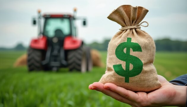 Hand holds burlap money bag with green dollar symbol in vast farm field, with red tractor working in background. Image agricultural funding, farm income, economic stability for agribusiness.