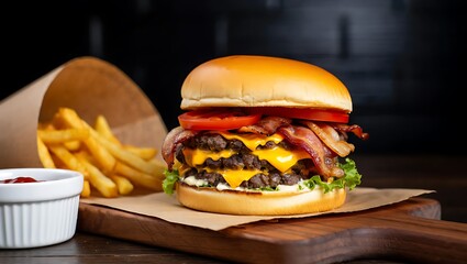 Delicious double cheeseburger with crispy bacon and french fries served on a wooden board