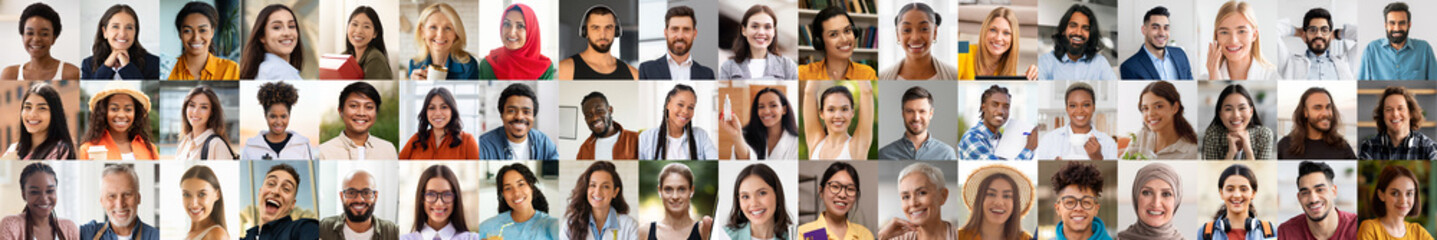 Fototapeta premium A collection of joyful faces from various backgrounds displays a vibrant range of expressions. Each person's unique story reflects the beauty of diversity and togetherness in a modern lifestyle.
