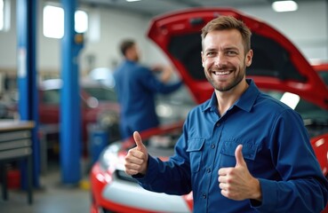 Smiling Caucasian male mechanic gives thumbs up in auto repair shop. Checks car damage, showing expertise in vehicle maintenance, diagnostics. Another mechanic works on red car with hood open in