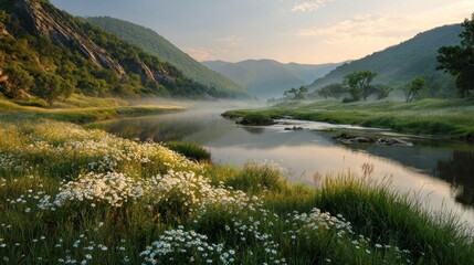 Obraz premium Serene Sunrise River Valley Landscape