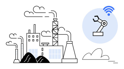 Factory emitting smoke and producing goods, robotic arm with wireless signal. Ideal for automation, technology, industry 4.0, data, connectivity manufacturing efficiency. Modern simple flat