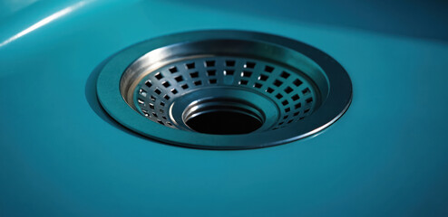 Close-up metal drain with strainer in blue washbasin. Shiny chrome fixture for sink, bathroom, kitchen. Water pipe system, plumbing maintenance, home improvement, cleaning, sanitation.
