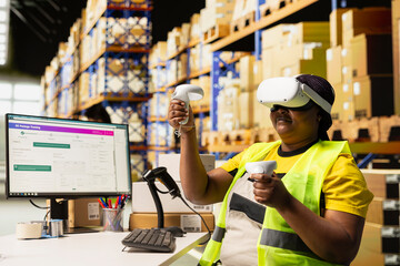 Depot clerk uses virtual reality headset to manage order processing and parcel status, AI powered setup enhances logistics and fast delivery operations with virtual reality tools.