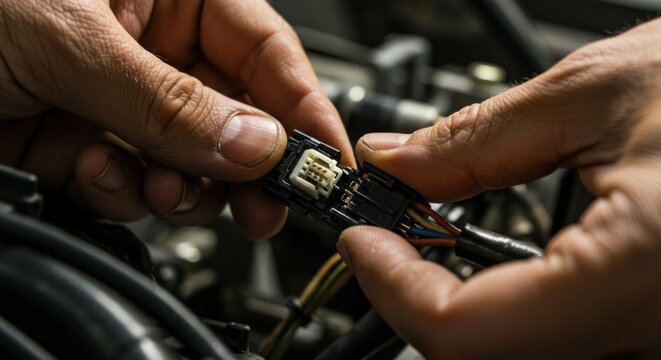 Hands connecting electrical wiring harness in an engine bay