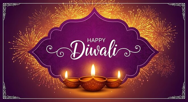 Happy diwali greeting with diya lamps and fireworks, celebrating the festival of lights with traditional wishes and vibrant colors