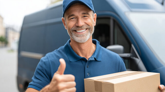 Smiling delivery man in blue polo and cap holding package next to van