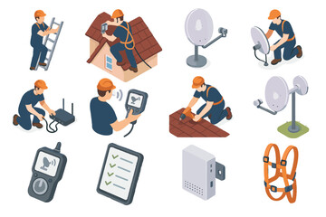 Satellite checking ladder icons technician installation holes vector icon setup mounting mount