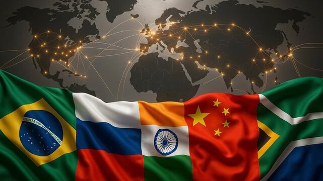 A symbolic image illustrating BRICS international relations through flags and a world map. 